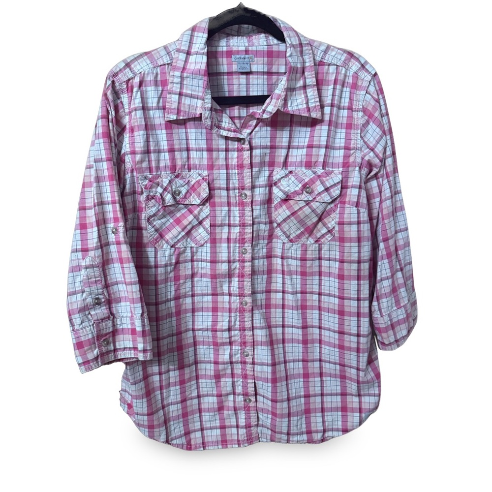 Carhartt Men's Pink and White Plaid Shirt